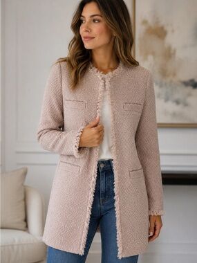 Tweed Open-Front Soft Pink Long Coat